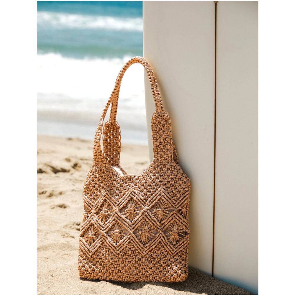 Lulus Women’s Sunny Glitter Gold Woven Crochet Linen Shoulder Tote Bag Zip NEW